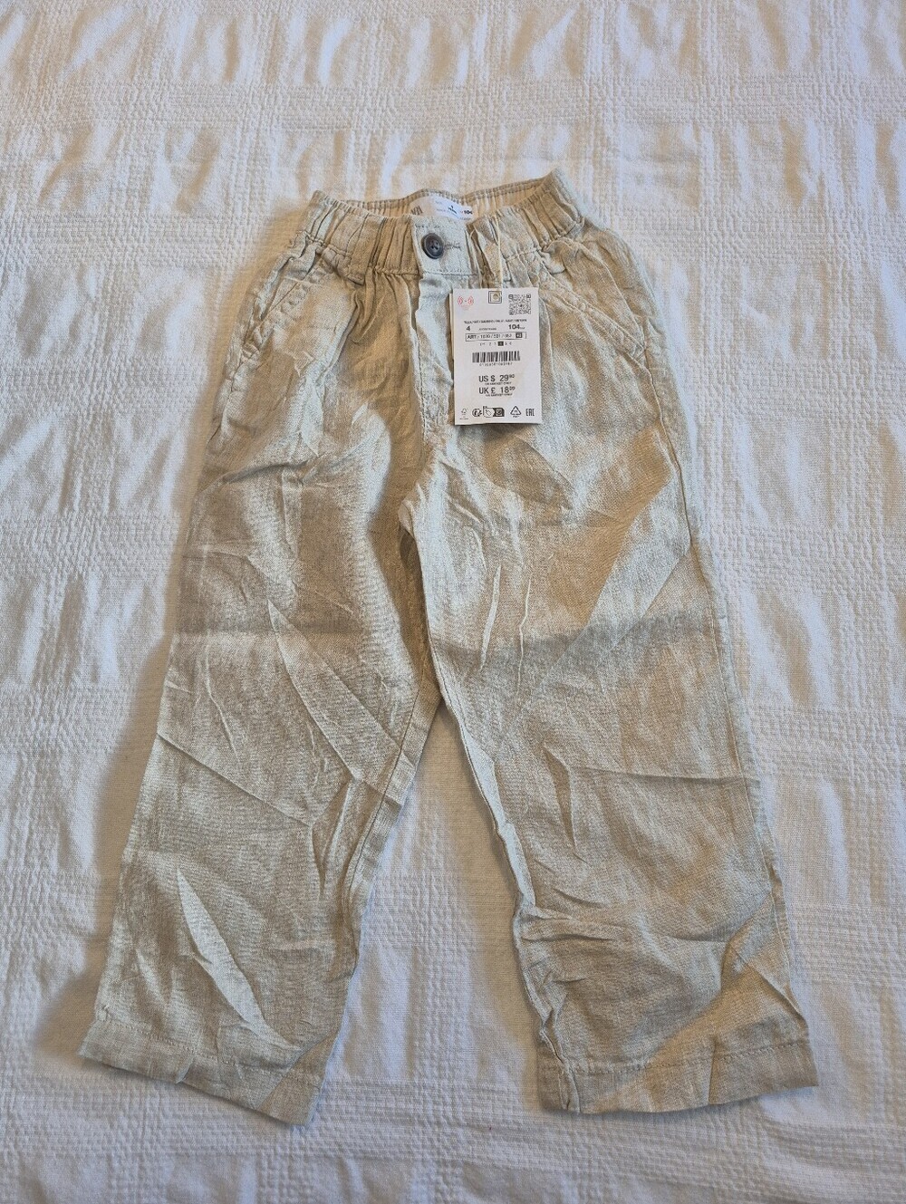Zara boys size 4 100% linen pants, elastic waist oatmeal tan color NWT